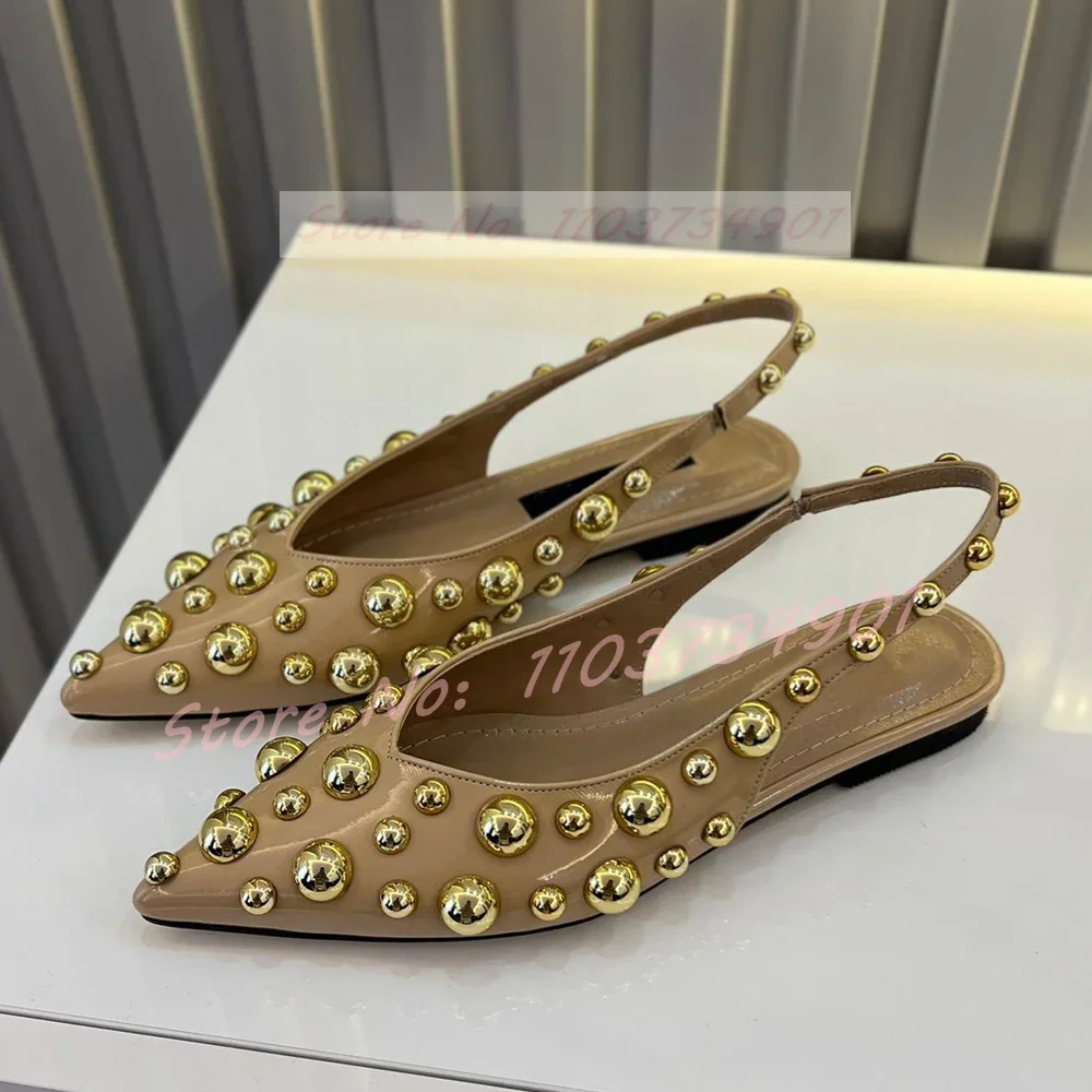 Round Rivet Pointy Toe Flat Sandals Women Fashion Classy Casual Low Heels Sandals Ladies Party Patent Leather Big Size Shoes