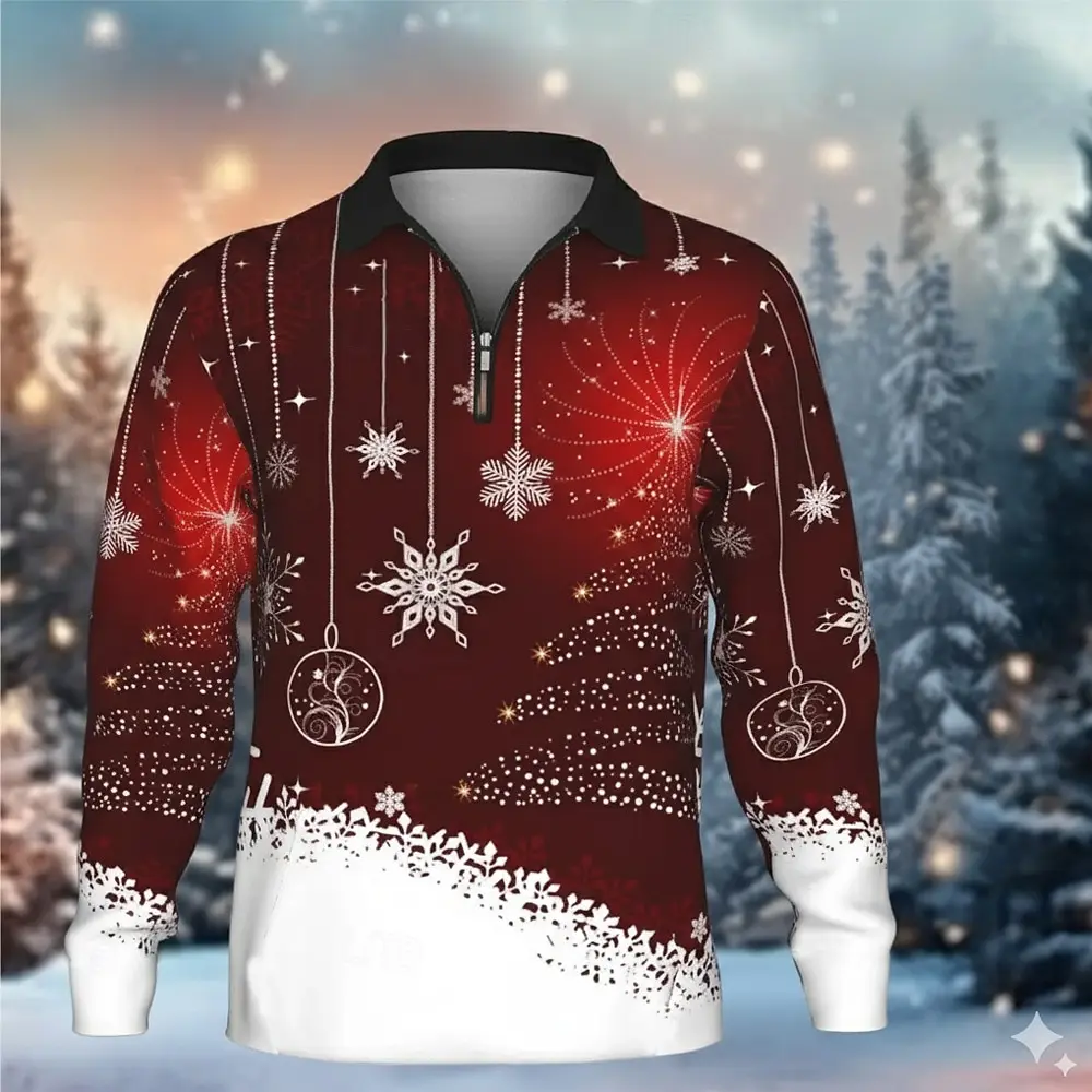 2025 Christmas Men's Snowflake Graphics Long Sleeve Zipper Polo Shirts 3D Printng Modern Casual Polo Shirts For Mens Fall Winter