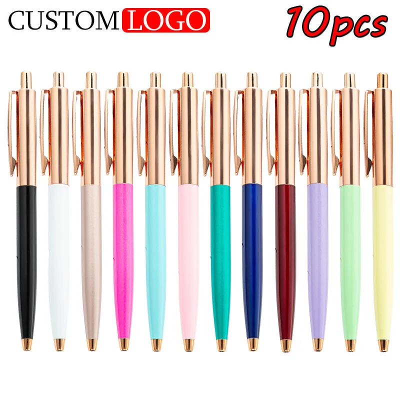 

10 шт. шариковая ручка с логотипом для студентов, написание офисной рекламы, подарочные ручки с индивидуальным логотипом и разноцветными металлическими шариковыми ручками.