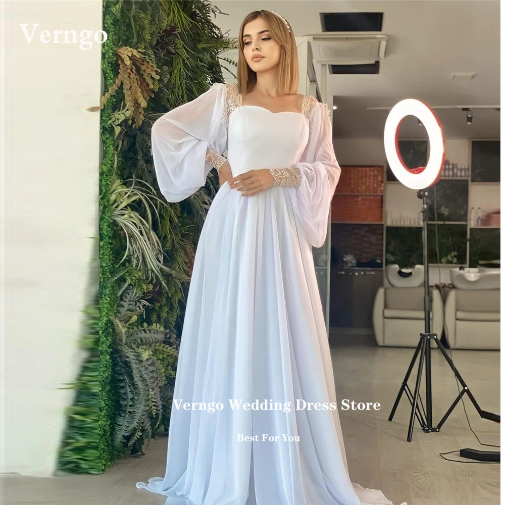 

Verngo Elegant Chiffon A Line Wedding Dresses Puf Long Sleeves Silk Sweetheart Dubai Arabic Women Bride Formal Party Dress 2023