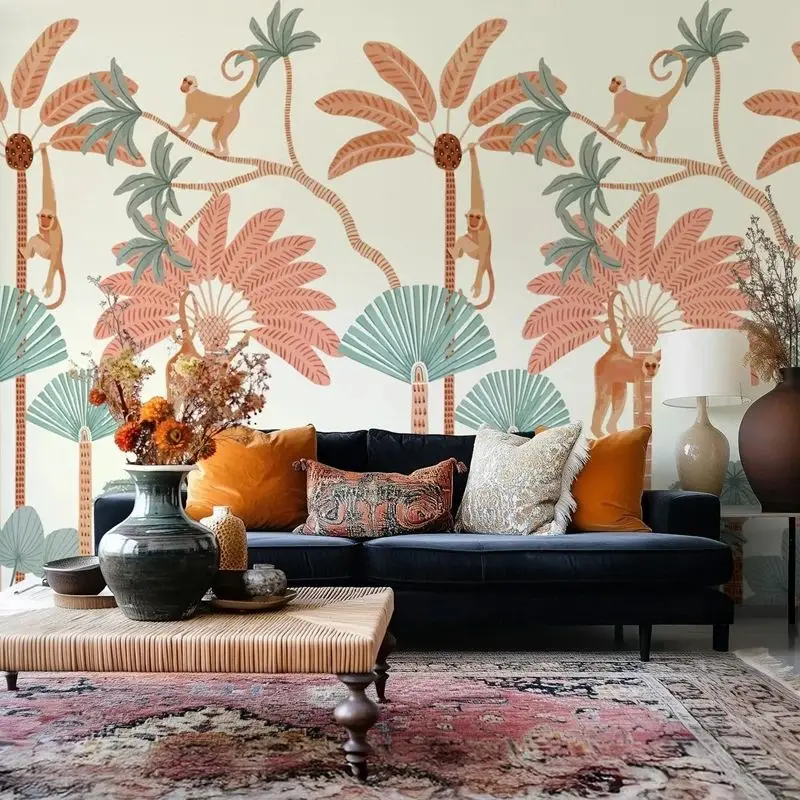 

Обои с тропическими джунглями, клейкие стены, обезьяны на пальмах, декоративные наклейки на стены, экзотические детские обои, настенные панели, 50*300, на заказ