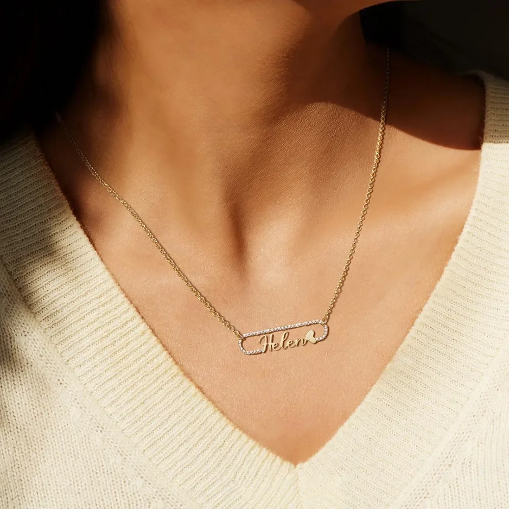 Point Diamond Paperclip Name Necklace Personalized Stainless Steel Ladies Name Necklace Customized Ladies Pendant Christmas Gift