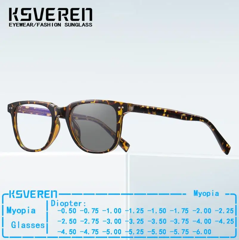 Photochromic Myopia Glasses Full Rim Nearsighted Eyewear Men Women TR90 Square Minus Diopters Color Changing Sunglasses-1.0 -1.5