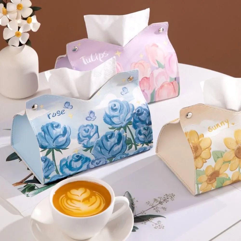 Creative Oil Painting Tissue Case Smooth with Buttons Paper Towel Box Large Storage Leather Napkin Holder Car