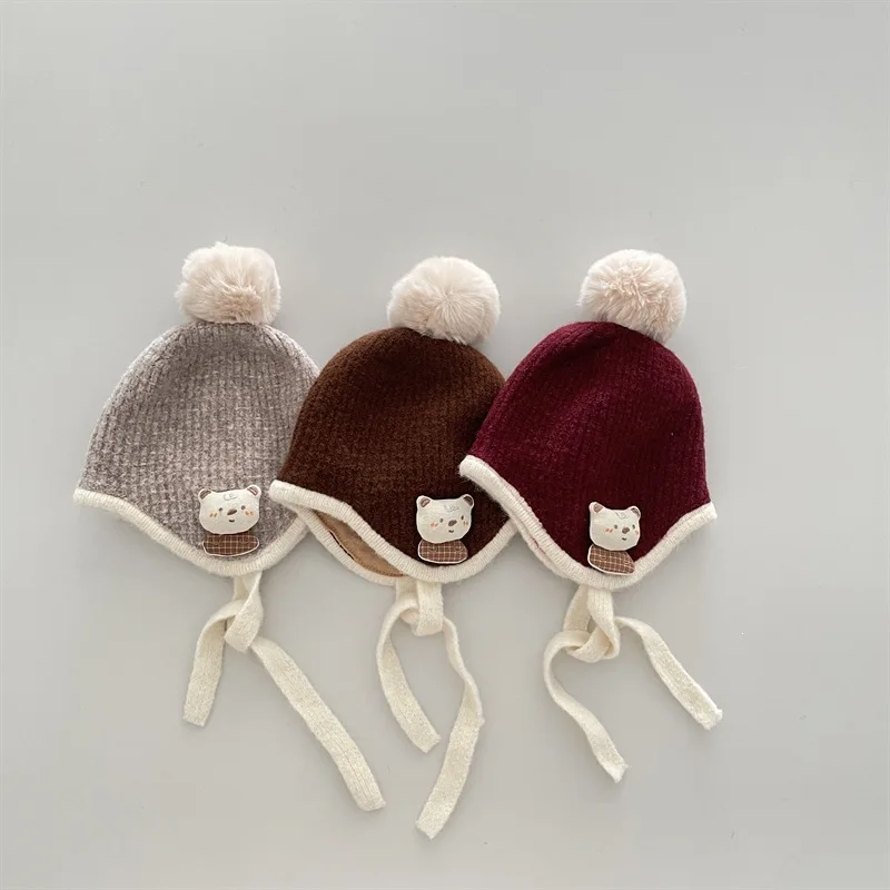 Baby Knitted Hat 48-50cm 1-3 Years Winter Fleece Lined Thick Earflap Beanie Hats Boys Kids Warmcold Proof Windproof Cap