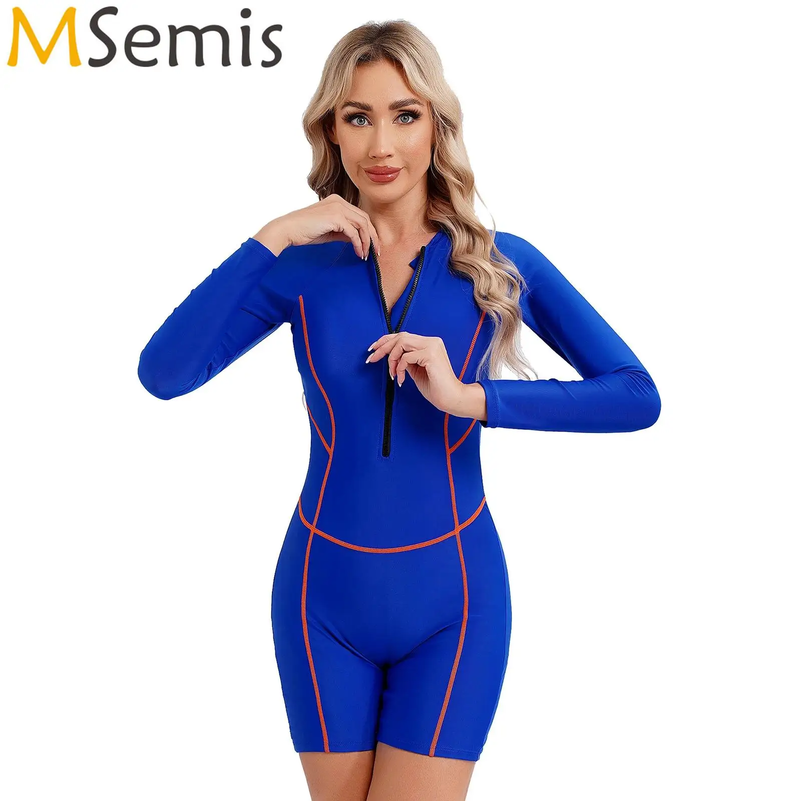 

Womens One-piece Swimsuit Long Sleeve Padded Front Zipper Swimsuit Boyleg Athletic Swimwear Pool Surfing Bathing Suit Rash Guard