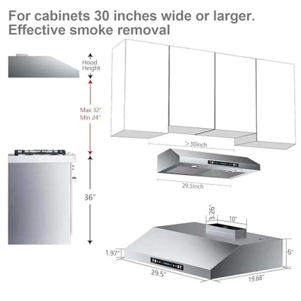 Under Cabinet Range Hood 30" 900-CFM 4-Speed Touch Control Stainless Steel Kitchen Vent Gesture Sensor Remote Dimmable LED Light