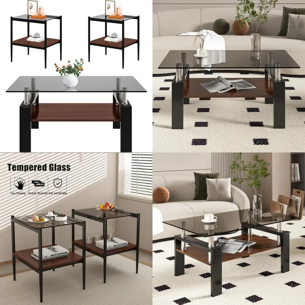

Contemporary Glass Coffee and End Table Trio, Living Room Furniture Set with Walnut-Tone MDF, 39 Rectangular Gray Tops