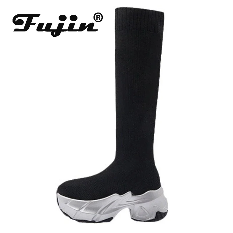 Fujin 6cm Synthetic Cloth Streth Knitted Fabric British Fashion Women Platform Wedge Autumn Spring Boots Knee High Boots Shoes