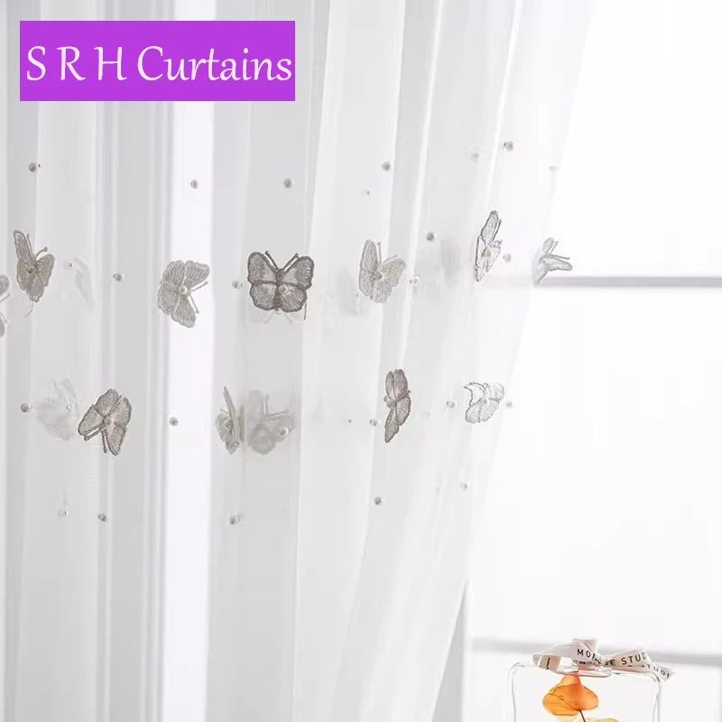 

White 3D Butterfly Embroidered Pearl Sheer Tulle Curtains For Cartoon Girl Bedroom Window Drapes Living Room Balcony Curtains