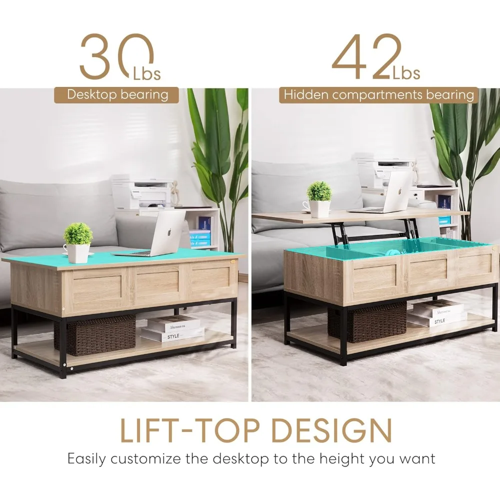 Vivohome Steel Frame Lift Top Coffee Table with Open Storage and Hidden Compartment, Ideal for Living Room Dining
