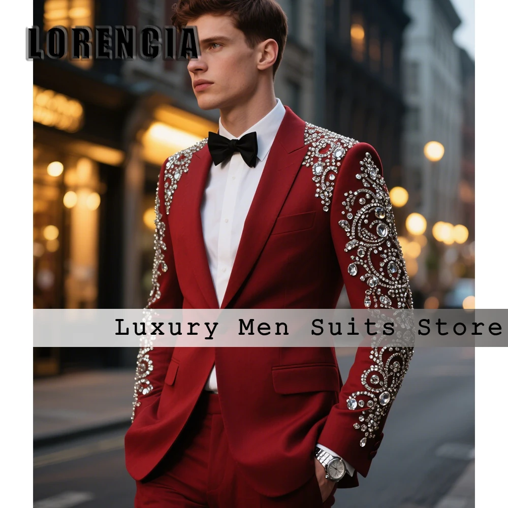 

Мужской костюм со сверкающими кристаллами, комплект из 2 предметов, свадебный смокинг для жениха с плоским воротником, пиджак, брюки по индивидуальному заказу, халат mariage femme, мужская одежда