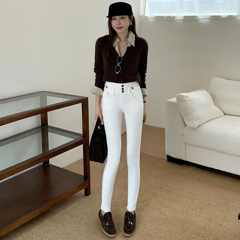 Women Off White High Waist Multi Button Skinny Jeans Stretch Slim Fit Ankle Length Cropped Denim Casual Trousers