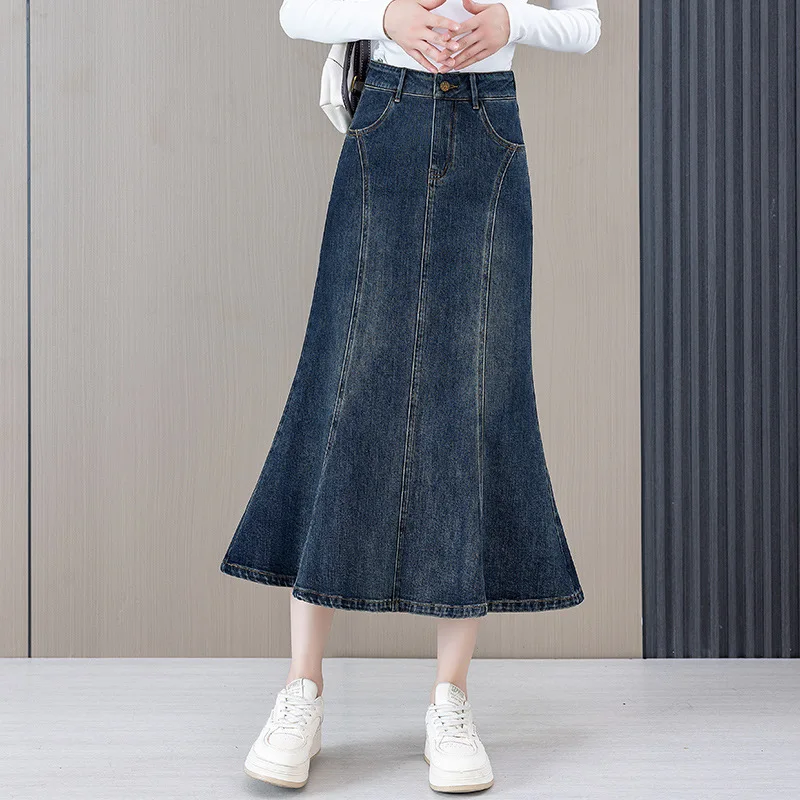 تنورة من قماش الدنيم للربيع والخريف على شكل ذيل السمكة للنساء، طراز عتيق، متوسط الطول، مكشكشة على شكل حرف A، نصف تنورة ضيقة