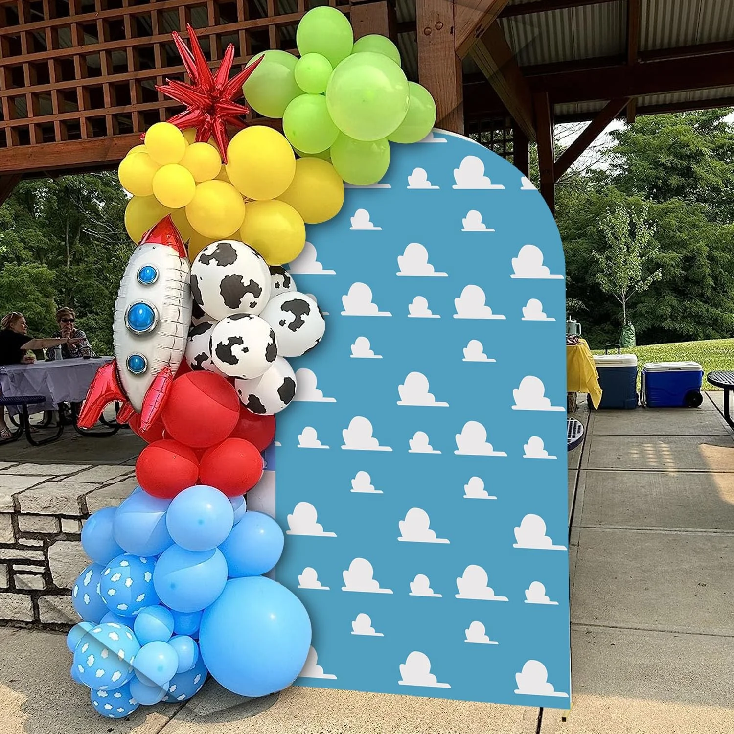 Arch Backdrop Cover Blue Sky White Clouds Background Boy Toy Story Cartoon Newborn Party Decoration Baby Shower Kids Birthday