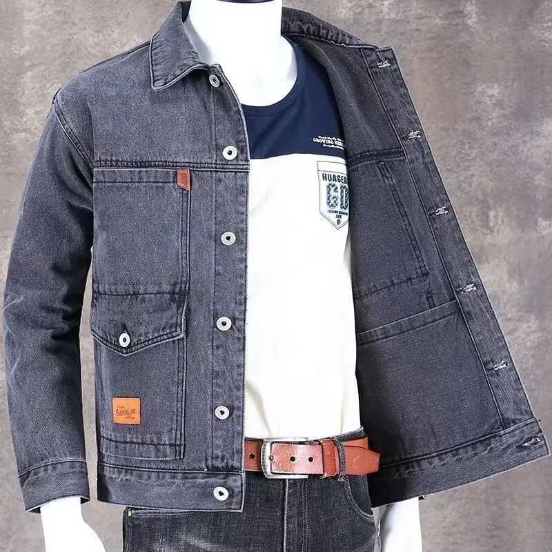 Worn Resistant Spring Autumn Loose Men's Denim Jacket with Multiple Pockets Outdoor Casual Long Sleeve Collar up Jacket