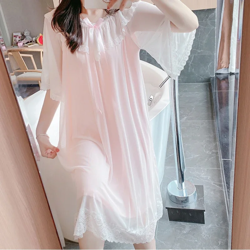 Girl Kawaii Sleepwear Nightwear Women Romantic Nightgowns Victorian Vintage Lolita Night Dress White Pink Lace Mesh Fairy Nighty