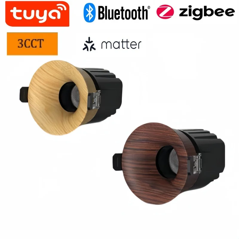 3CCT Smart Recessed Downlight Retro Medieval Wood Grain Spotlight Invisible Borderless Walnut Embedded Lamp Tuya Bluetooth Zigbe