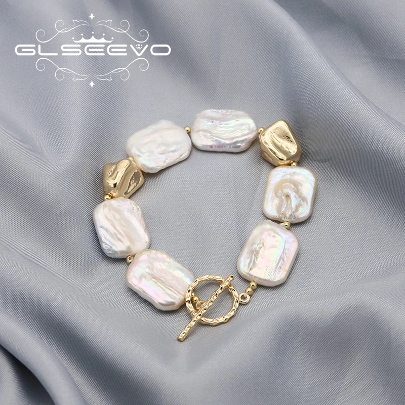 GLSEEVO Shining Natural Baroque White Square Pearls Luxury Bracelet For Woman Fashion Luxury Designer Jewelry Thanksgiving Gifts