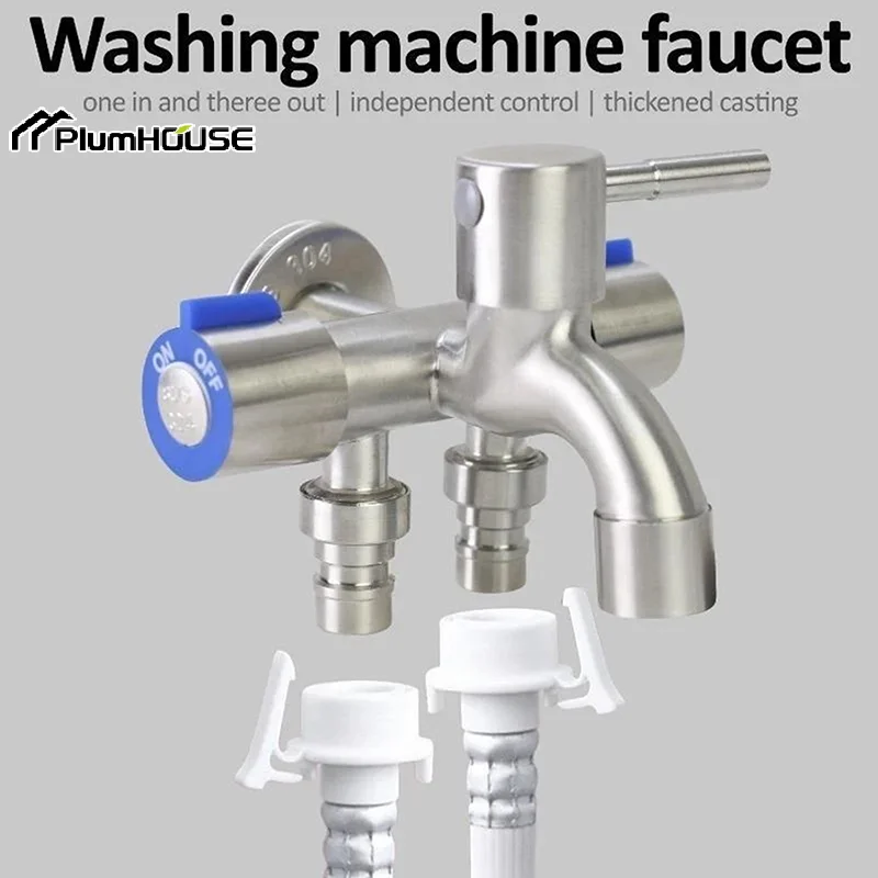 Stainless Steel Multi-function One Into Three Out Washing Machine Faucet Three Control Domestic Diverter Four-way Triangle Valve