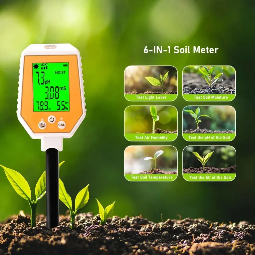 

Multi-Function 6 in 1 Soil Tester Quickly Measure High Accuracy Soil pH Tester High Precision 0-14pH pH Analyzer Outdoor