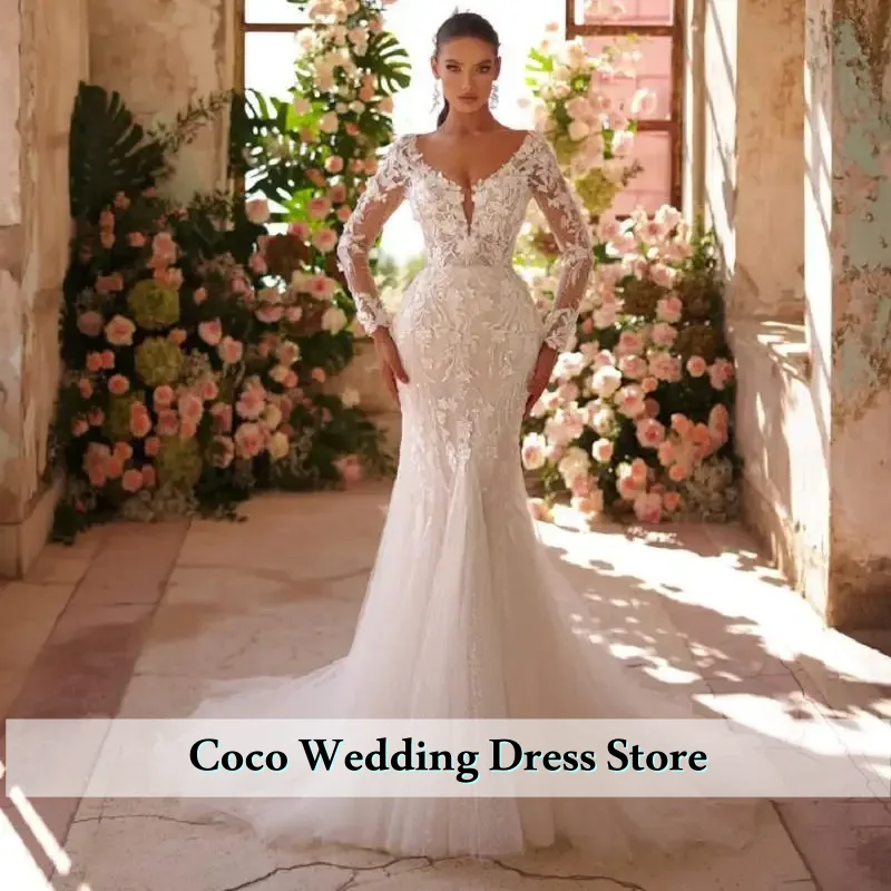 Angepasst Luxus spitze Brautkleid Meerjungfrau U-ausschnitt Volle Ärmel Mit Zurück applique Tüll Braut Kleider Vestidos De Novia