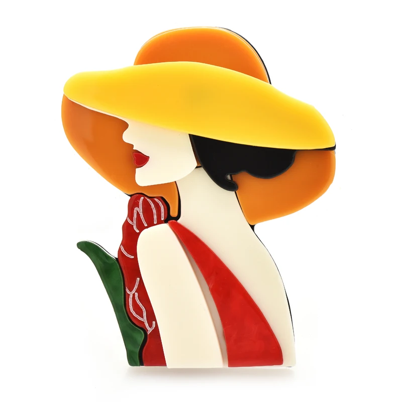 Wuli & baby-Acrílico Desgaste Chapéu Moderno Lady Broches para Mulheres, Figura Menina Bonita, Alfinetes de Broche de Festa, Unisex, 2 Cores, Presentes