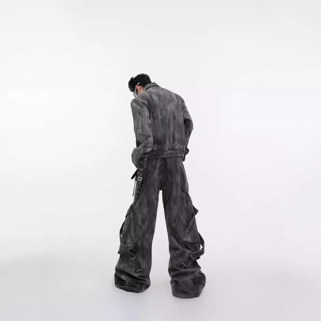 Outdated Streetwear Men's Work Pants Acid Washed Denim Jogging Pants Men's Wide Leg Pants Plus Size Pants Fashionable Jacket