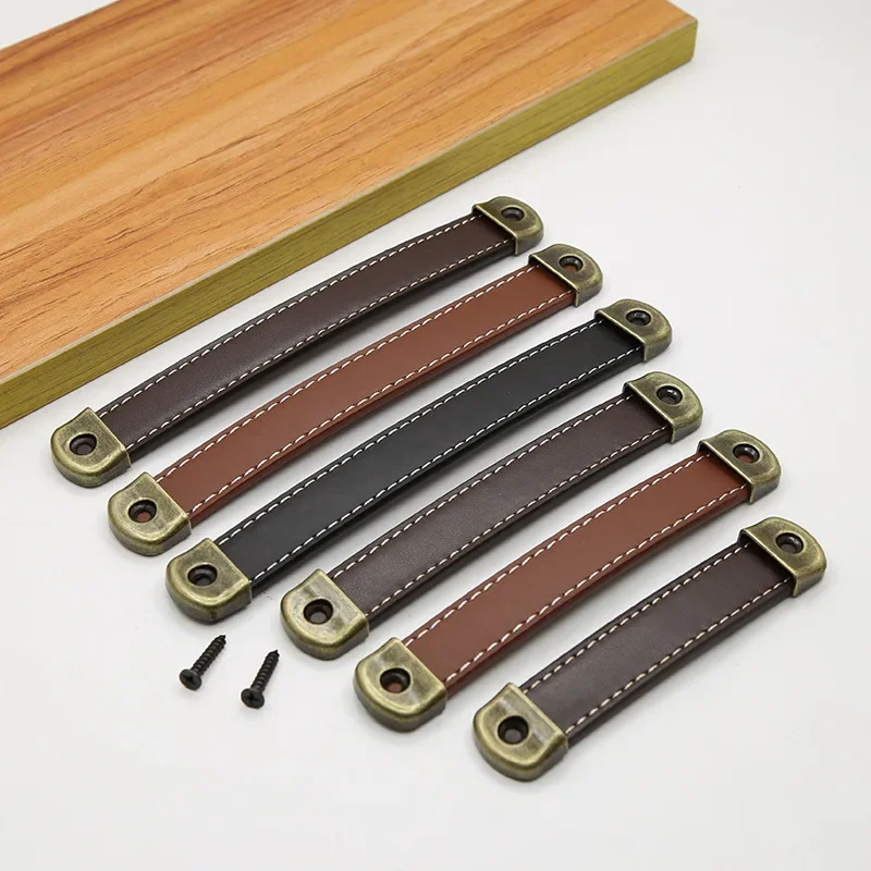 

New Wooden Case Leather Handle Nordic Brown Cabinet Furniture Handle Black Vintage Wardrobe Drawer Knob Home Decoration