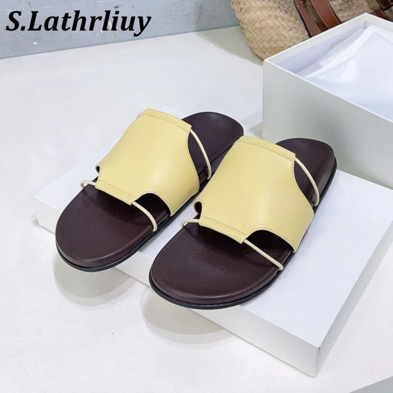 2026 women's genuine leather open toed solid color casual and comfortable flat slippers, summer seaside beach vacation sandals