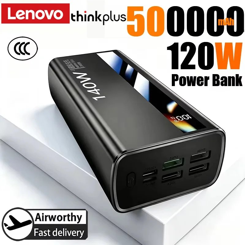 Lenovo ThinkPlus 500000mah Large Capacity 140w Power Bank Fast Charging External Spare Battery Led Display For Iphone Samsung