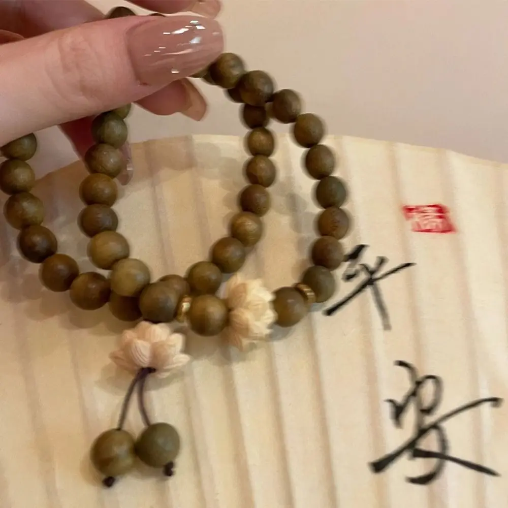 Elastic Flower Sandalwood Bangle Handwoven Rosary Wood Beaded Strand Bracelets Flower Hand Chain