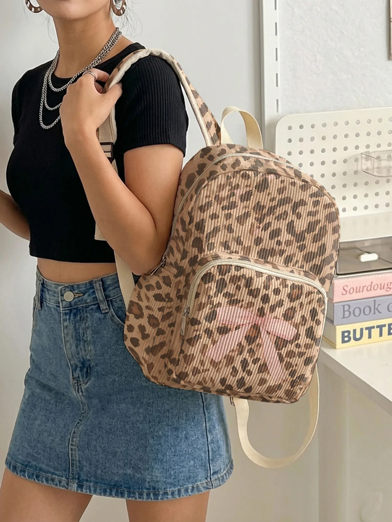 Leopard Print Pink Bow Decor Fashion Backpack Corduroy Multi-pocket Large Capacity Daily School Backpack