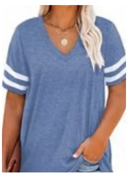Curvy Women V-Neck T-shirt Short Sleeve Double White Stripe On Sleeve Loose Fit Casual Tops