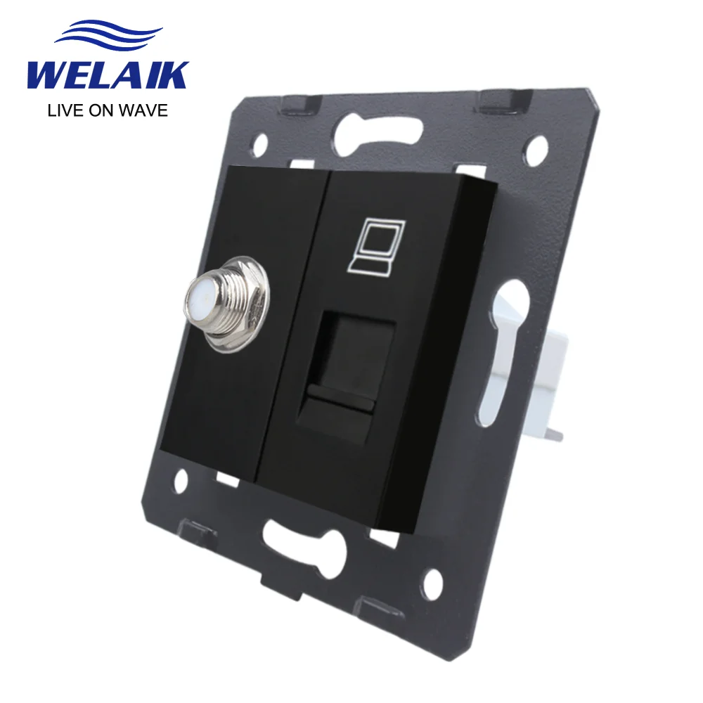 WELAIK EU Black 45*45mm TV Computer Wall Power Socket Outlet Tempering Glass Panel DIY Parts Module Gather Zone