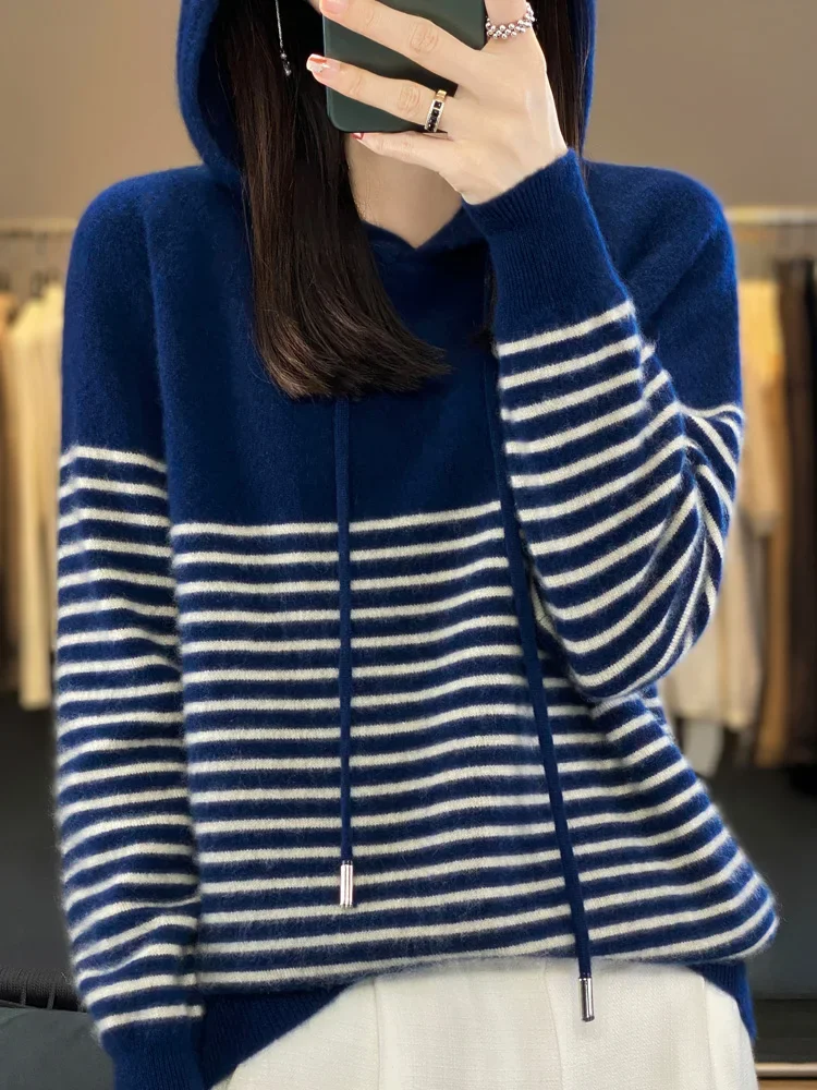 Women's Hoodies 100% Merino Wool Sweater Striped Long Sleeve Casual Loose Pullover Cashmere Knitwears Fashion New Knit F470