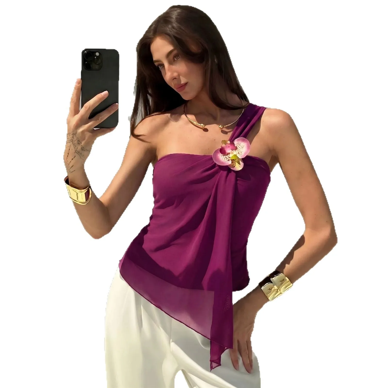 Women's Spring Summer Mesh Asymmetrical Off Shoulder 3D Floral Slim Fit Single Strap Solid Color Tank Top for Women Clothing
