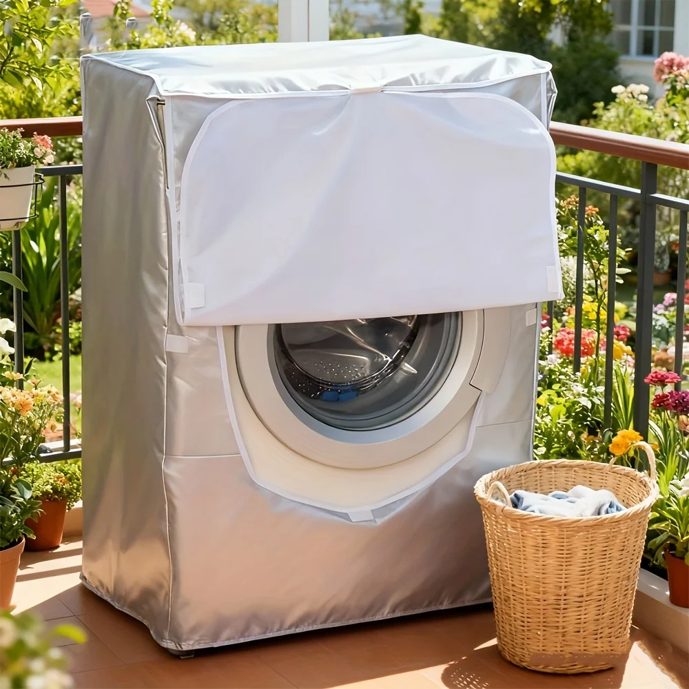 Front Open Washing Machine Cover Silver UV Dust Proof Fit for Top Loader Indoor Outdoor Use Drum Washing Machine Cover