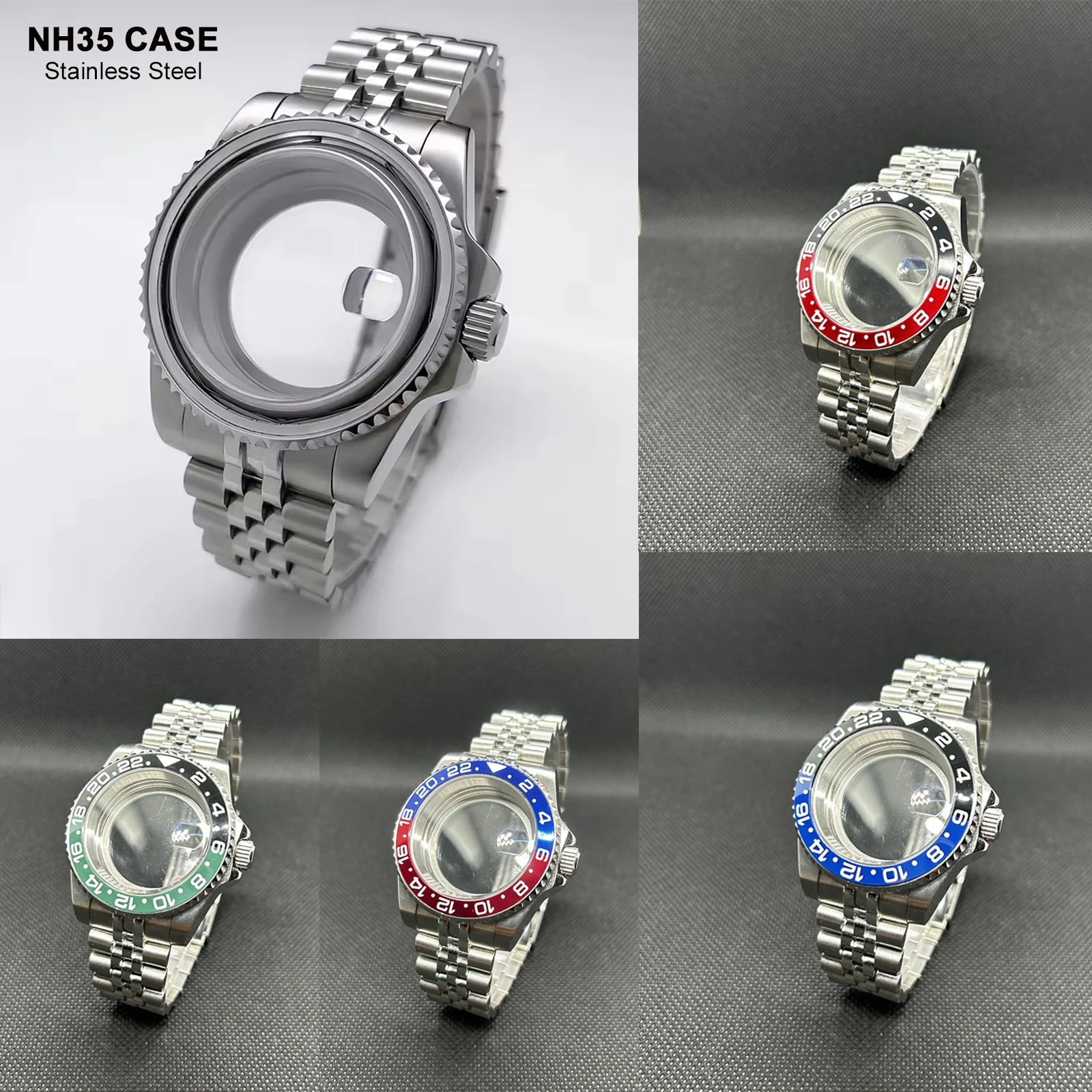 For NH34/35/36/38/70 Movements New 40mm Sapphire Stainless Steel Case+Watch Strap Watch Accessories GMT Threaded Crown