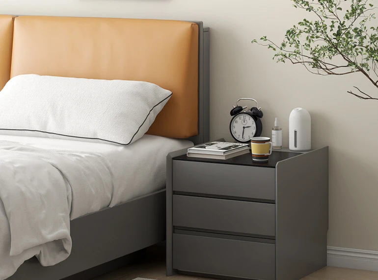 Modern bedroom with Italian minimalist 3-drawer bedside table with lamp