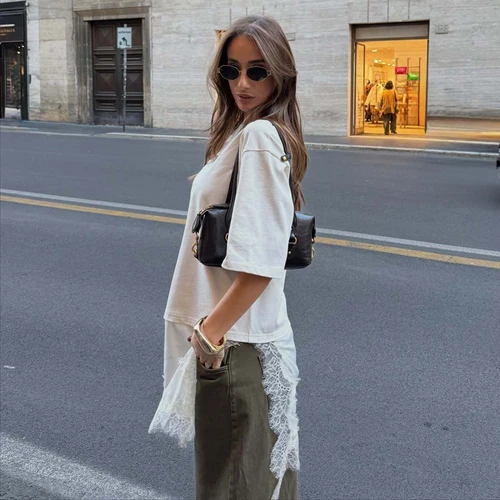 Imagen 2 del producto MUJER Polo-Camiseta de encaje para mujer, camiseta sin mangas informal con contraste, Top asimétrico de manga corta para mujer, ropa de calle holgada para mujer