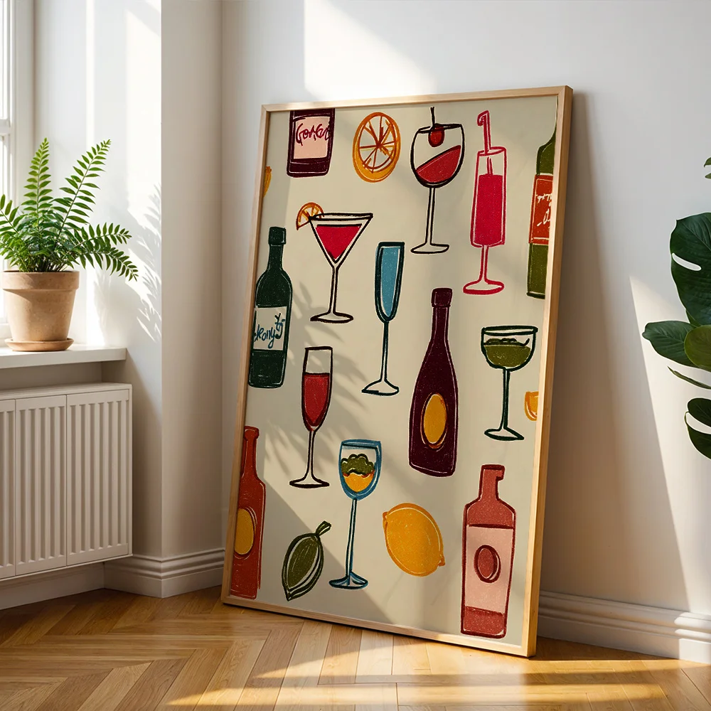 Vintage Hand‑Drawn Cocktail Bottle Canvas Poster Wall Art,2D Print Wall Decor,Home Decoration Gift