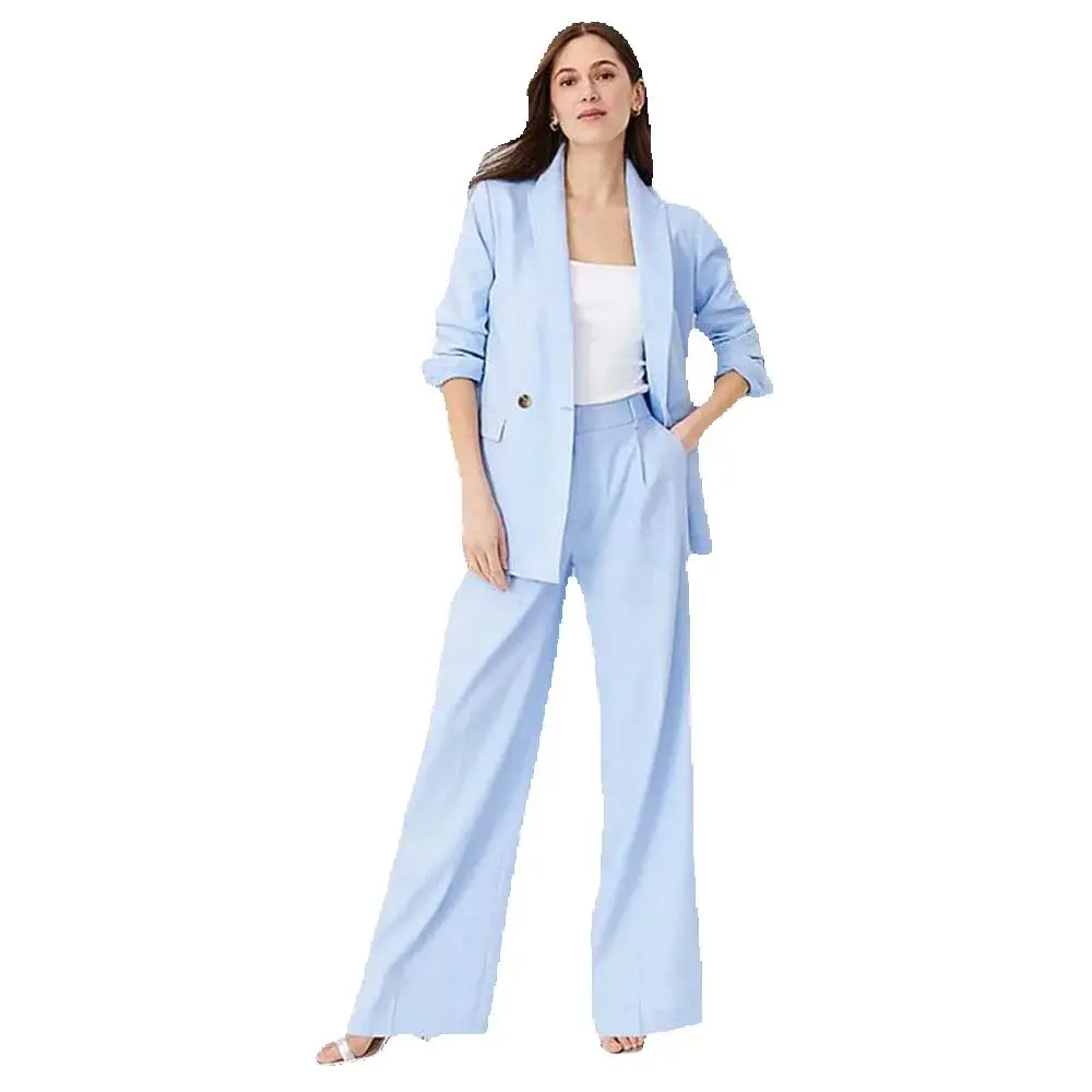 Luxury Light Blue Women's Suits 1 Button Two Piece Jacket Pants Female Clothing Slim Fit Office Lady Fashion Chic Blazer Sets