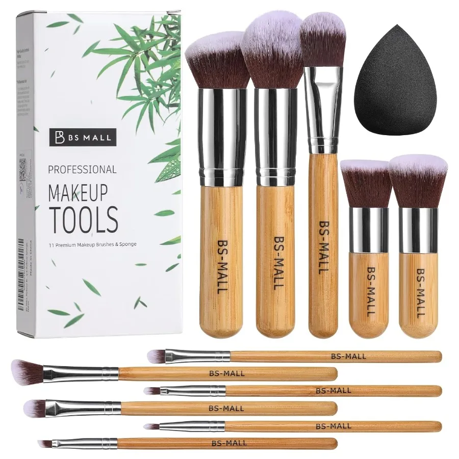 Makeup Brush Set 11Pcs Bamboo Synthetic Kabuki Brush Set Foundation Powder Blending Concealer Eye shadows Blush Cosmetics Brush