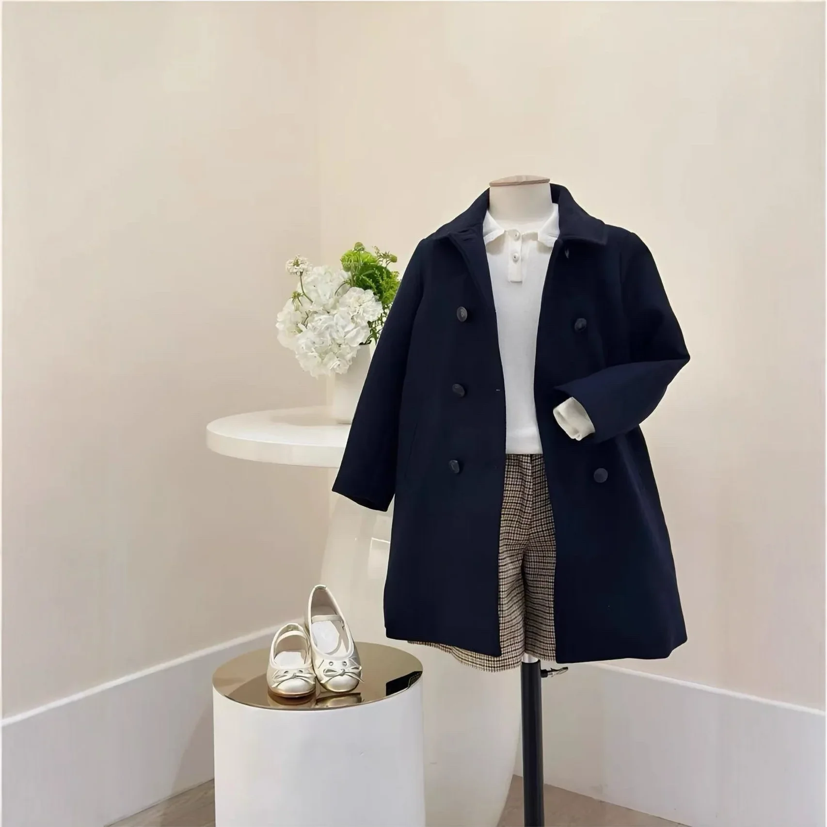 Children's Clothing Girls 2026 Winter New Black Fashion Double Breasted Wool Midi Long Pure Cotton Thickened Warm Cotton Coat