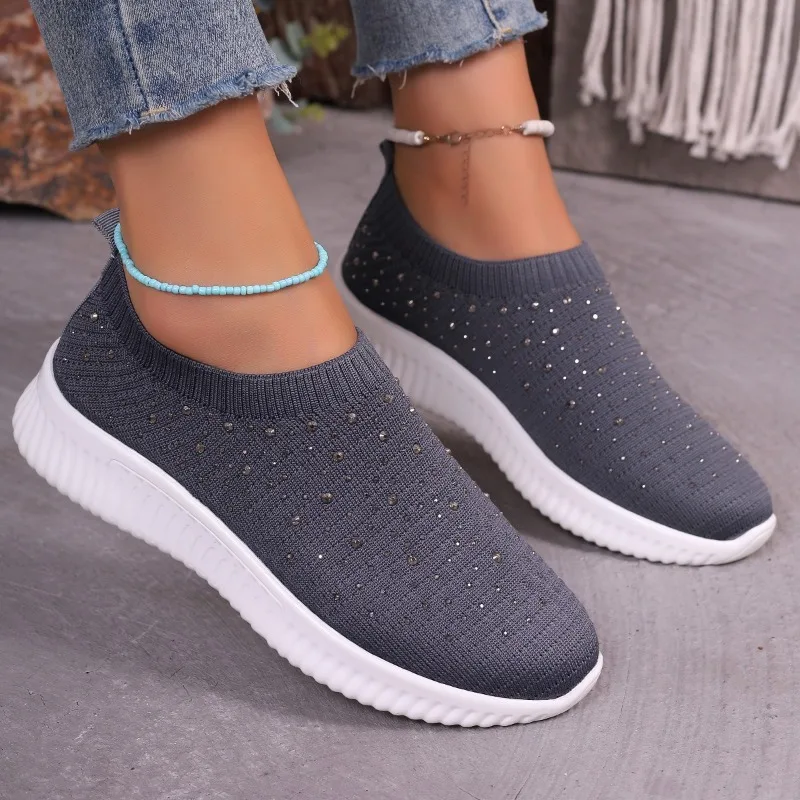 Shiny Crystal Platform Sneakers Women Light Breathable Knitting Sports Shoes Woman 2024 Soft Bottom Non-slip Flats Plus Size 43