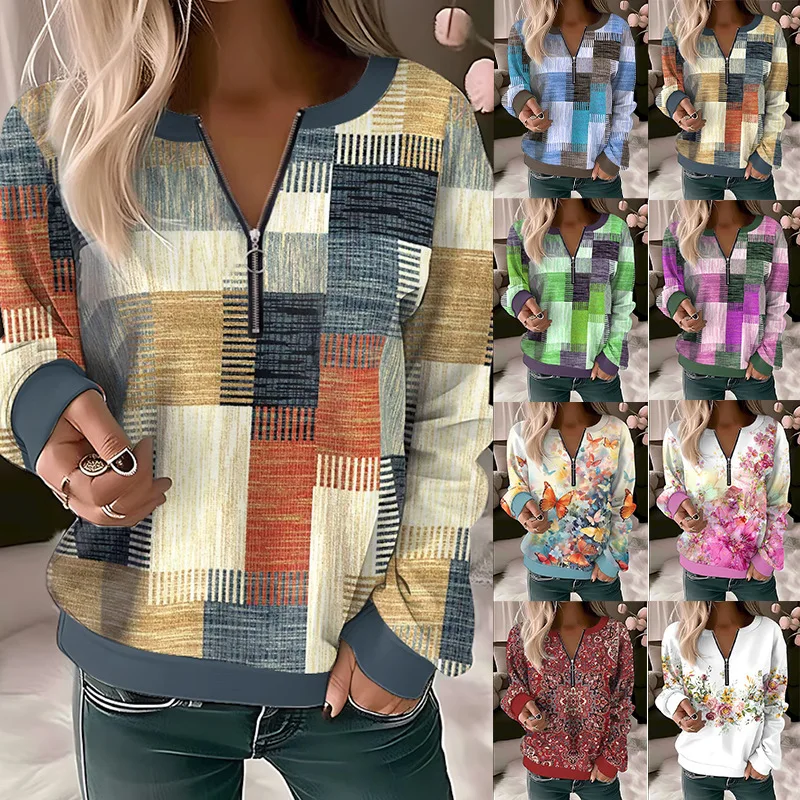 Hoodies women 2026 casual Autumn Spring new floral printed V-neck zipper loose knitted shirt women's clothing
