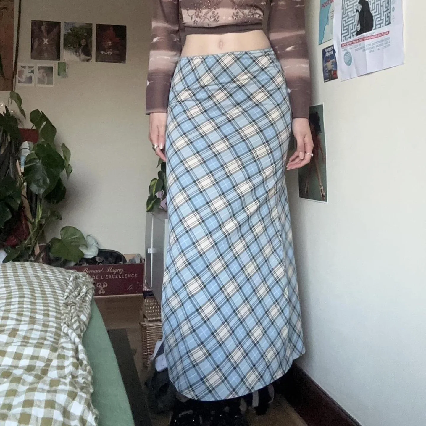 

Europe and the United States wind new blue retro plaid stitching high purse hip straight skirt hot girl sexy slim skirt woman