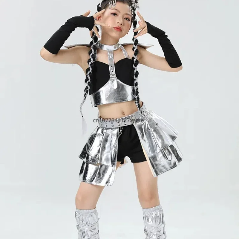 

Children's jazz dance performance costume silver technology top short skirt stage costume jazz dance girl costume set