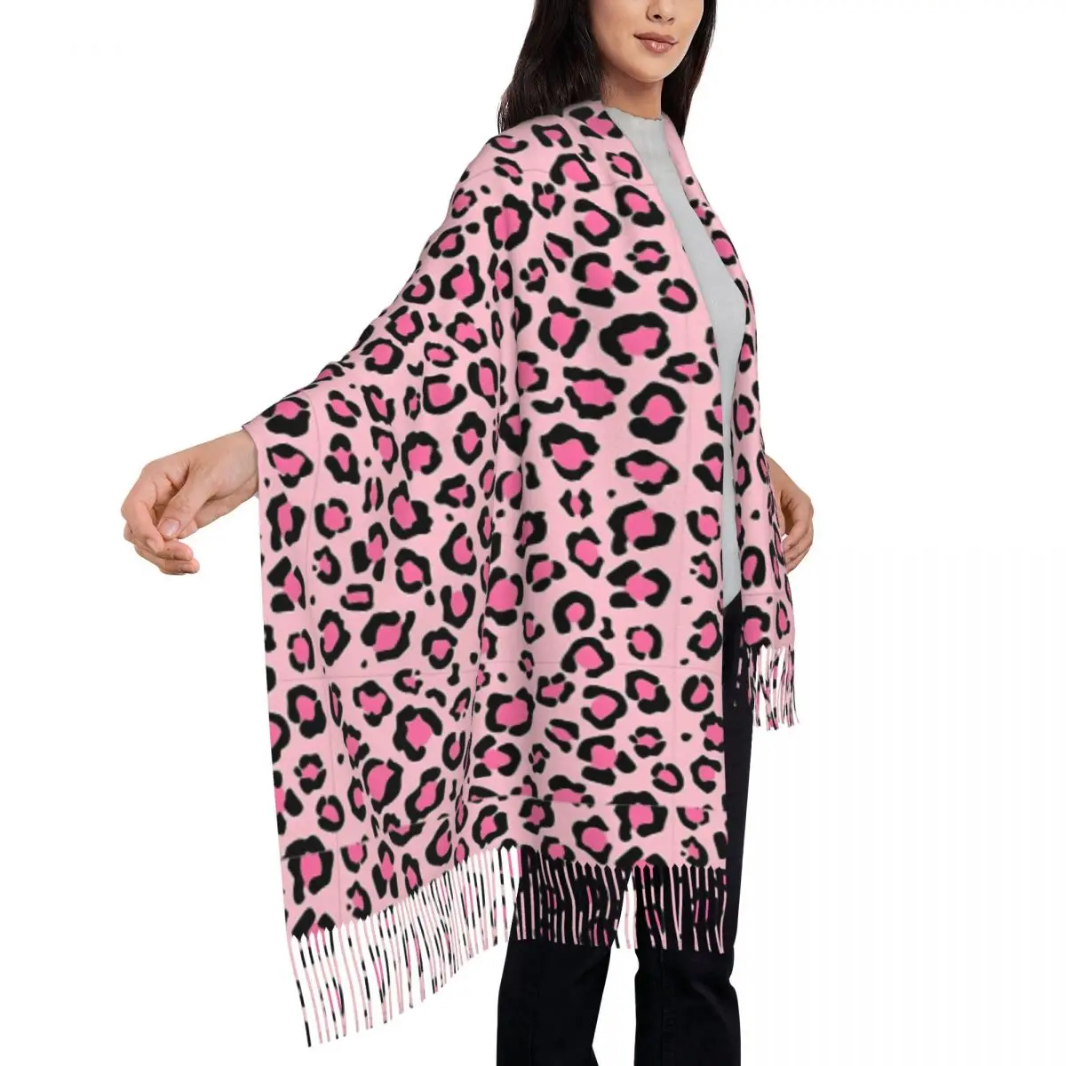 여성용 스카프 따뜻한 핑크 레오파드 프린트 패턴 대형 스카프 태슬 장식 빈티지 숄 및 랩 겨울 맞춤형 반다나
